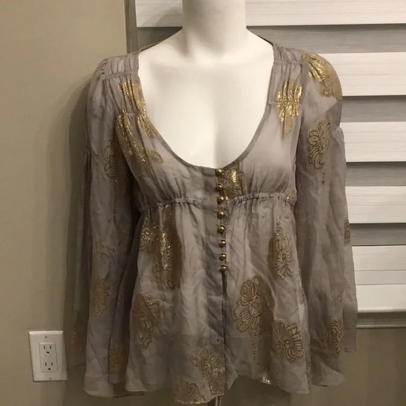 LaRok ANTHRO BRAND real silk SHEER top with gold lame embroidered design Nwot - Picture 3 of 6